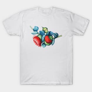 exotic red eucalyptus flower with blue green leaves T-Shirt